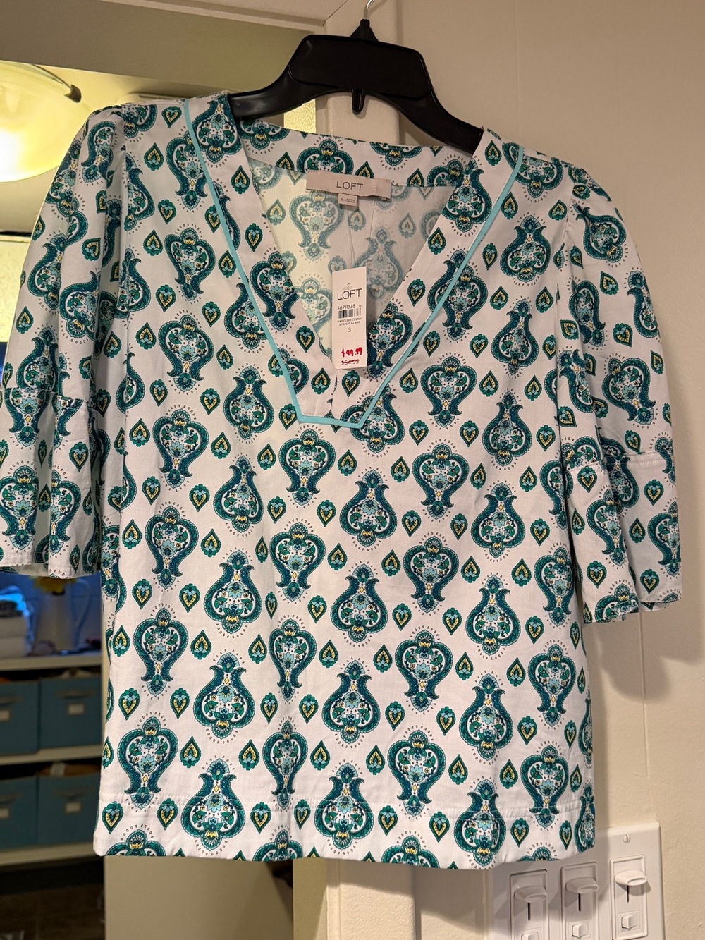 LOFT White Paisley V-Neck Top with Teal Accents